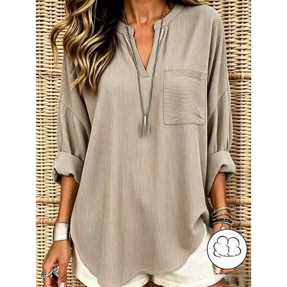 Women's Versatile V-Neck Blouse, Loose Fit Top with Pocket for Commute and Casual Wear