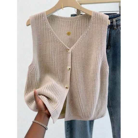 Women's Versatile V-Neck Knit Vest, Spring/Summer Fashion Piece, Button Front Sleeveless Cardigan Knitwear Top Black Fall