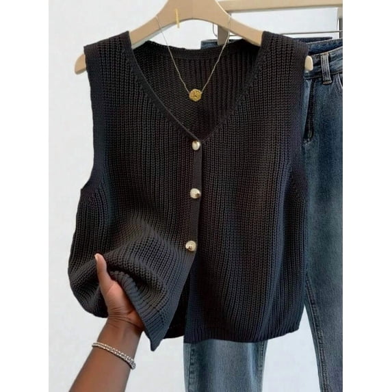 Women's Versatile V-Neck Knit Vest, Spring/Summer Fashion Piece, Button Front Sleeveless Cardigan Knitwear Top Black Fall