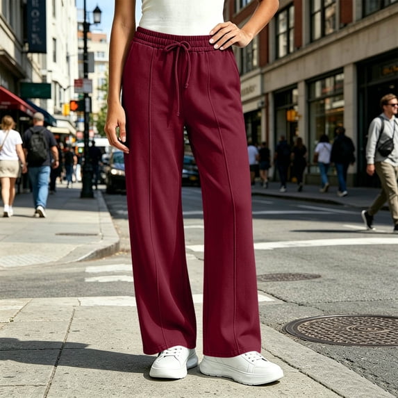 Women's Vertical Center Seam Straight Leg Sweatpants Drawstring Elastic Waist Front Back Stitching Relaxed Full Length Silhouette for Neighborhood Strolls Wine L
