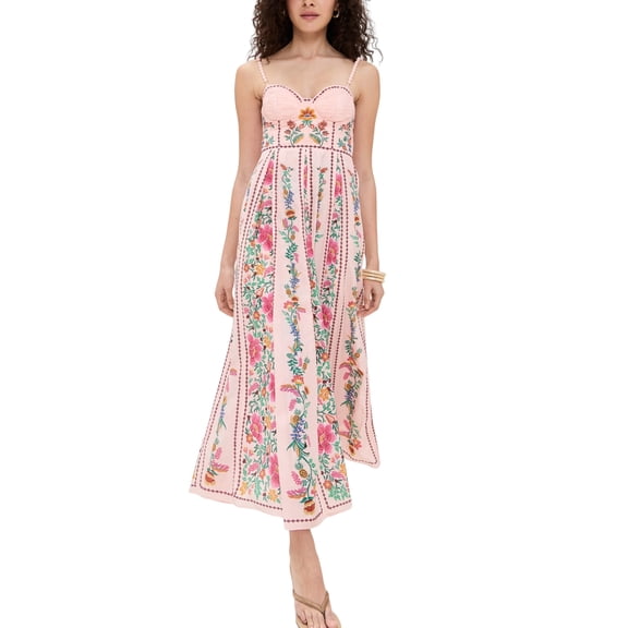 Women's Vertical Floral Print Midi Dress, Spaghetti Strap Structured Bustier Smocked Back Flowy Long Dress