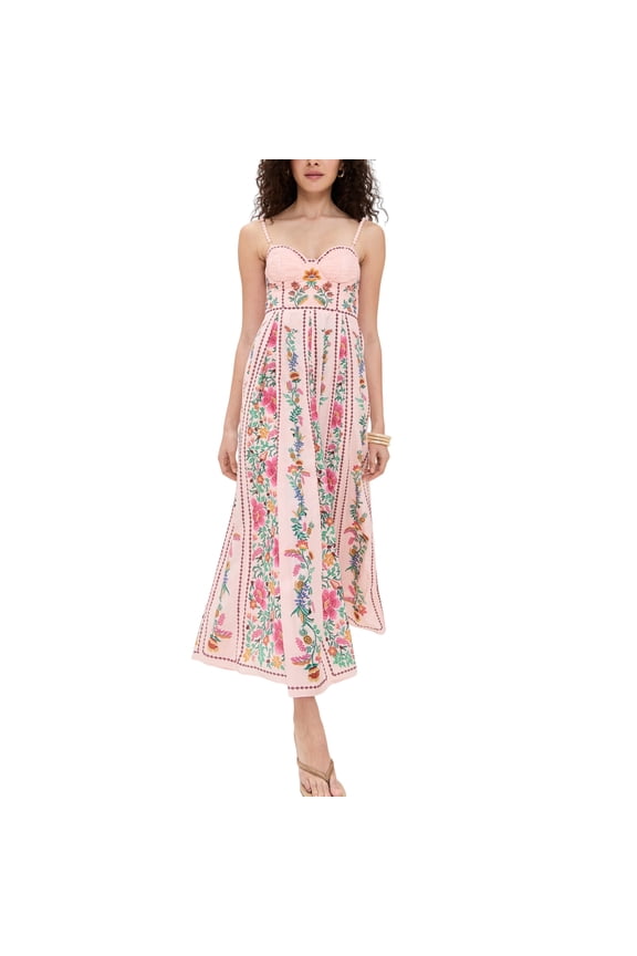 Women's Vertical Floral Print Midi Dress, Spaghetti Strap Structured Bustier Smocked Back Flowy Long Dress