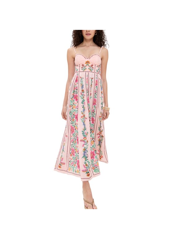 Women's Vertical Floral Print Midi Dress, Spaghetti Strap Structured Bustier Smocked Back Flowy Long Dress