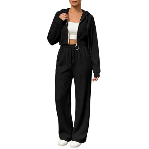 Women's Vertical Rib Knit Sweatsuit 2 Piece Lounge Matching Outfits Long Sleeve Full Zip Cropped Hoodie with High Waist Sweatpants