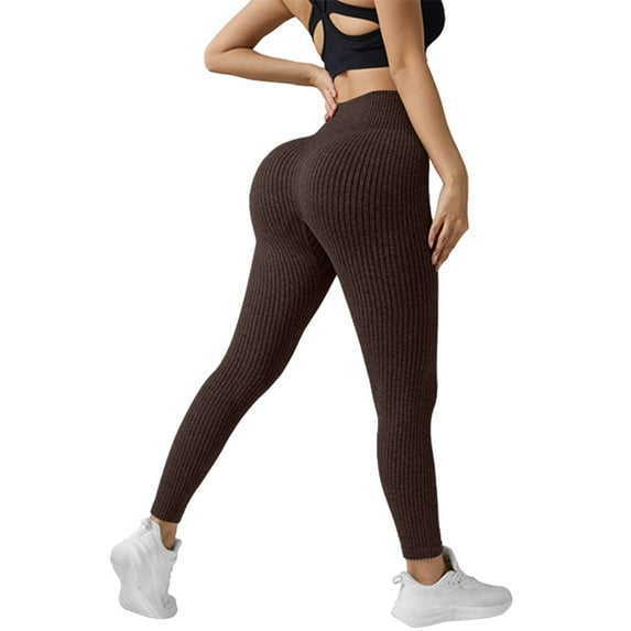 Women's Vertical Ribbed Yoga Pants, High Waist Tummy Control Workout Leggings with Hip Lifting Design, Slim Fit Ribbed Texture Fitness Pants for Running and Exercise Brown