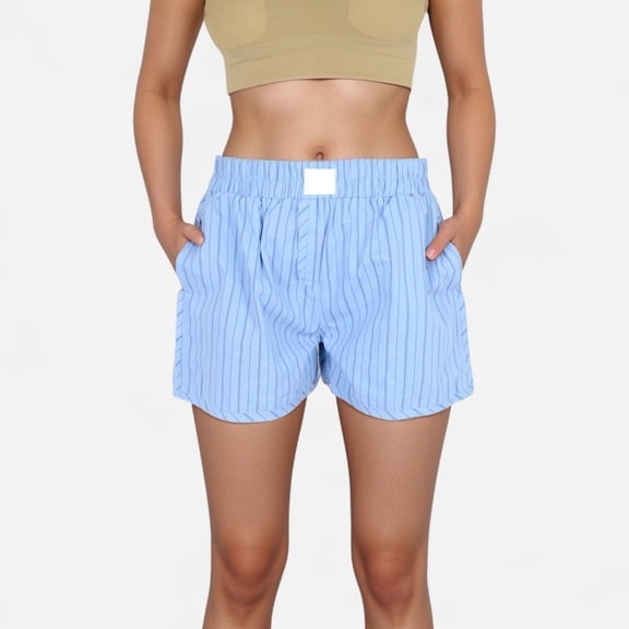 Women's Vertical Stripe Lounge Shorts with Elastic Waistband Faux Fly Front and Relaxed Fit Side Pockets - Blue, Large