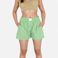 thumbnail image 1 of Women's Vertical Stripe Lounge Shorts with Elastic Waistband Faux Fly Front and Relaxed Fit Side Pockets - Green, Large, 1 of 7