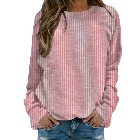 Women's Vertical Stripe Round Neck Long Sleeve T-Shirt, Soft Polyester Casual Pullover Top with Breathable Comfort for Winter Season, Daily Wear, Party Events and Street Fashion Red XXL