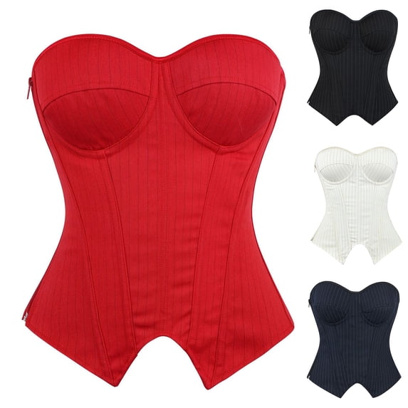 Women's Vertical Stripe Strapless Sweetheart Corset Top, JIANLAI Side Zipper Boned Structured Waist Cincher Bustier Corset