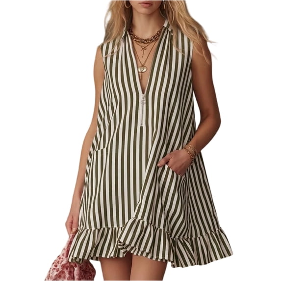 Women's Vertical Striped Dress, Casual Sleeveless Zip-up V Neck Mini Dress, Ruffle Hem Shift Summer Sundress with Pockets