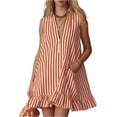 thumbnail image 1 of Women's Vertical Striped Dress, Casual Sleeveless Zip-up V Neck Mini Dress, Ruffle Hem Shift Summer Sundress with Pockets, 1 of 7