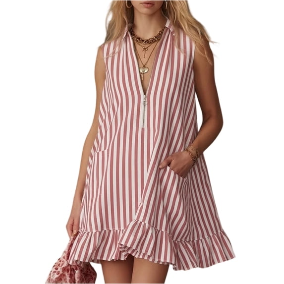 Women's Vertical Striped Dress, Casual Sleeveless Zip-up V Neck Mini Dress, Ruffle Hem Shift Summer Sundress with Pockets