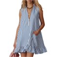 thumbnail image 1 of Women's Vertical Striped Dress, Casual Sleeveless Zip-up V Neck Mini Dress, Ruffle Hem Shift Summer Sundress with Pockets, 1 of 7