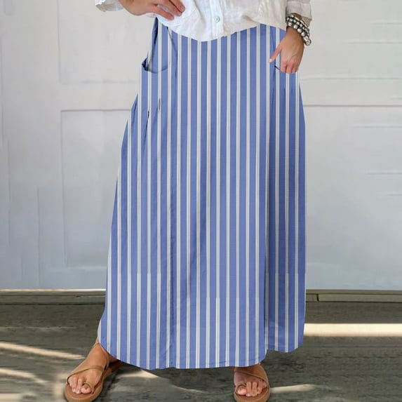 Women's Vertical Striped High Waist Maxi Skirt Vintage Floral Cotton Long Skirt with Pockets