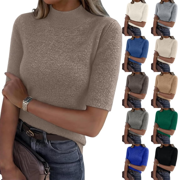 Women's Vertical Striped Knit Sweater, Short Sleeve Mock Neck Slim Fit Top, Casual Solid Color Ribbed Knit Pullover Blue S