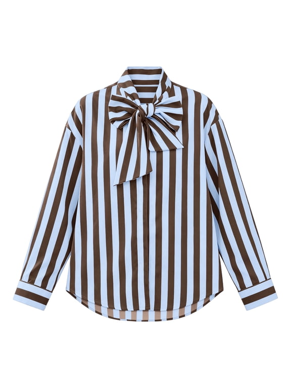 Women's Vertical Striped Long Sleeve Blouse Bow Tie Neck Casual Relaxed Fit Button‑Down Shirt Tops for Work Casual Wear Light Blue,XXL