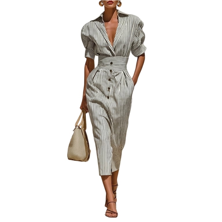 Women's Vertical Striped Shirt Dress, Lapel V Neck Flattering Half Placket Wrap Skater Dresses, Elegant Button Down Office Work Wear Business Church Evening Dress with Pockets