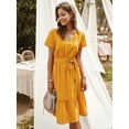 thumbnail image 1 of Women's Vertical Striped Short Sleeve Ruffle Flowy Swing Dress with Belt, 1 of 3