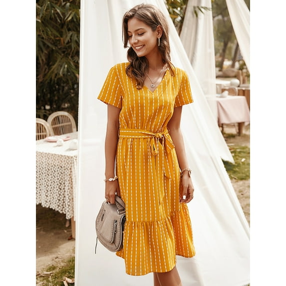 Women's Vertical Striped Short Sleeve Ruffle Flowy Swing Dress with Belt