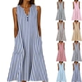 thumbnail image 1 of Women's Vertical Striped V‑Neck Sleeveless Midi Dress Loose Casual Tiered Summer Dress with Functional Side Pockets Blue XL(XL), 1 of 6