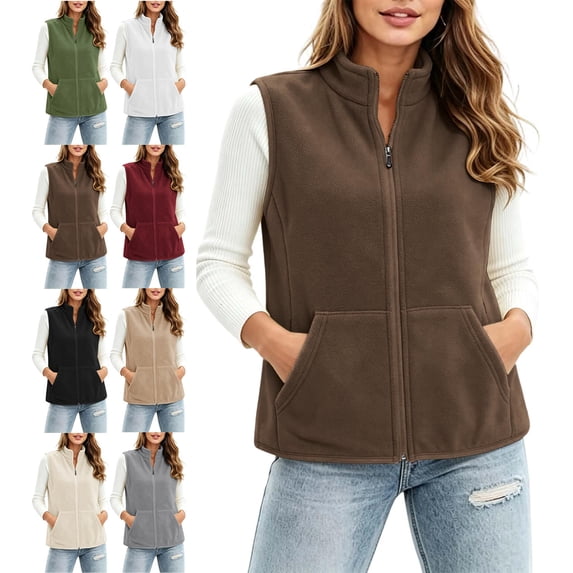 Women's Vest Cozy Hoodless Pockets Fleece Solid Color Sleeveless Warm Vest for Layering & Daily Wear