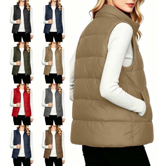 Women's Vest Puffer Pockets Zip Up Sleeveless Casual Vest, Warm Outerwear Top for Fall & Winter