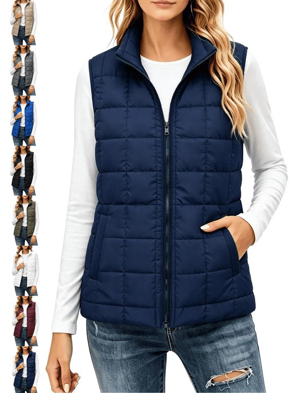 Women's Vest Sleeveless Zip up Puffer with Pockets Lightweight Stand Collar Warm Gilet Fall Winter Outerwear Layering