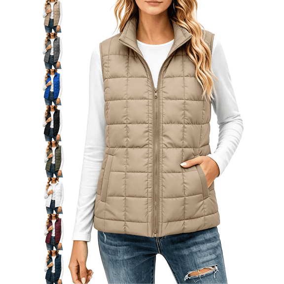 Women's Vest Sleeveless Zip up Puffer with Pockets Lightweight Stand Collar Warm Gilet Fall Winter Outerwear Layering