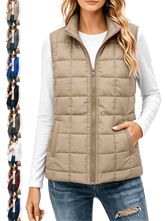 Women's Vest Sleeveless Zip up Puffer with Pockets Lightweight Stand Collar Warm Gilet Fall Winter Outerwear Layering