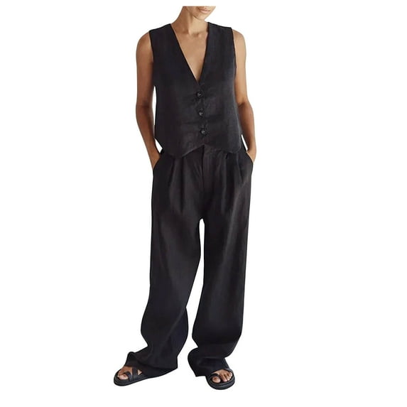 Women's Vest and Pant Set Plus Size Cotton Linen Sets Casual Business Button down 2 Piece Outfits