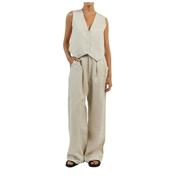 Women's Vest and Pant Set Plus Size Cotton Linen Sets Casual Business Button down 2 Piece Outfits