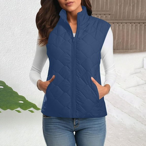 Women's Vests Stand Collar Sleeveless Jackets Zip Up Fall Winter Outerwear with Pockets Blue M