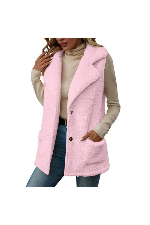 Women's Vests for Fall Winter New Womens Fleece Vests Cozy Lapel Sleeveless Jacket Soft Open Front Cardigan Fall Winter Warm Coat Pinky S