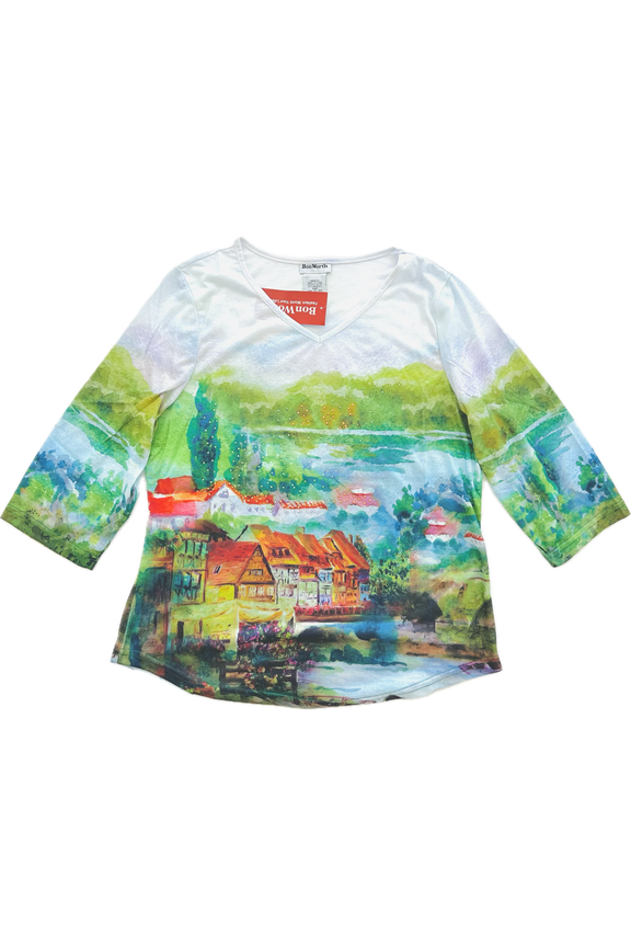 Women's Vibrand Landscape Village Blouse Top 3/4 Jeweled Applique , SIZE: LARGE-PETITE