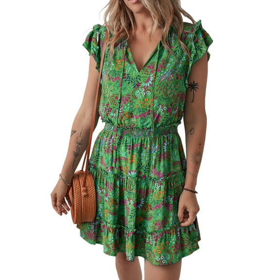 Women's Vibrant Green Floral Tie Split Neck Ruffled Tiered Short Dress - [ZhiHiMeRi] | (US 16-18)XL