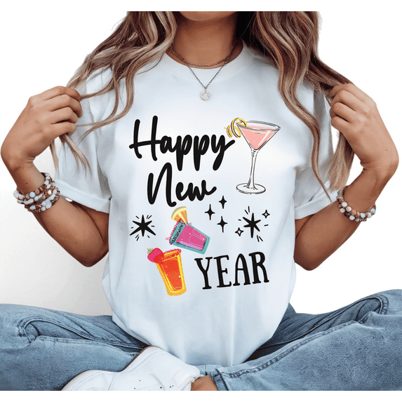 Women's Vibrant Happy New Year Comfortable T-Shirt Casual Top Colorful Cocktail Graphic Short Sleeve Round Neck White S-5XL