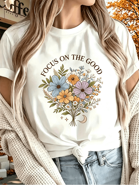 Women's Vibrant Multicolor Floral Print T-Shirt with "Focus on the Good" Positive Affirmation - Round Neck Short Sleeve All-Season