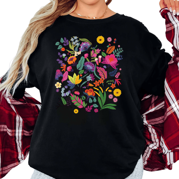 Women's Vibrant Multicolor Wildflower Bouquet Botanical Floral Art Graphic Cotton T Shirt Short Sleeve Round Neck Top Black S-5XL