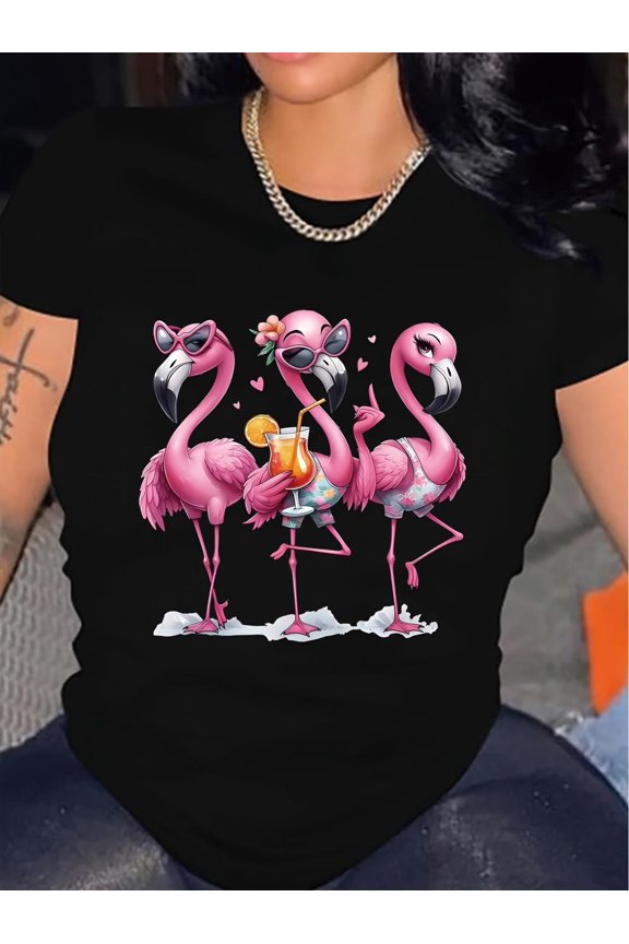 Women's Vibrant Purple Flamingo Graphic T-Shirt - Casual Short Sleeve Crew Neck Top, Polyester, Machine Washable, Perfect for Summer & Spring, Casual Wear|Fun Print Tshirt|Polyester Fabric