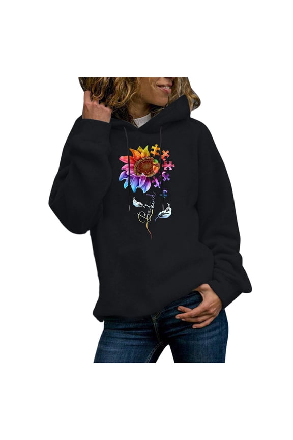 Women's Vibrant Sunflower Print Hoodie Solid Color Base Long Sleeve Pullover Hooded Sweatshirt Lounge Top