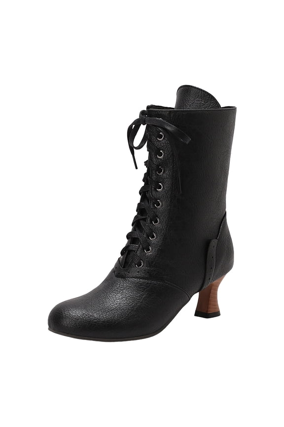 Women's Victorian Ankle Boots Fashion Kitten Heel Mid Calf 70S Combat Boots Lace Up Round Toe Vintage Dress Shoes Black Size 6