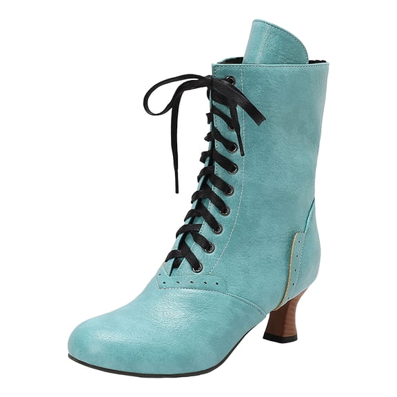 Women's Victorian Ankle Boots Fashion Kitten Heel Mid Calf 70S Combat Boots Lace Up Round Toe Vintage Dress Shoes Green Size 6.5
