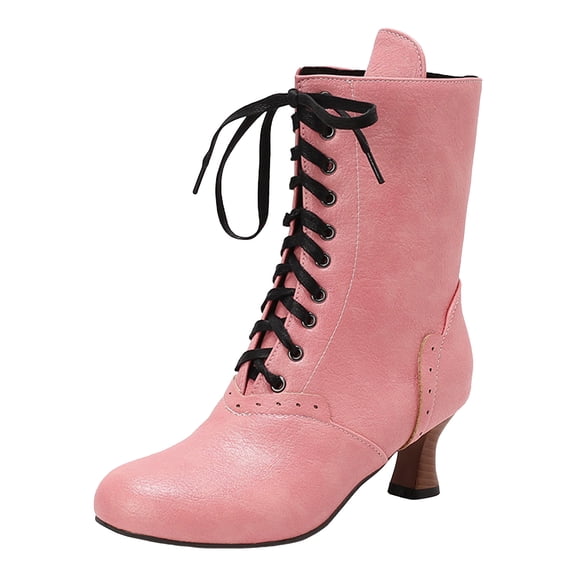 Women's Victorian Ankle Boots Fashion Kitten Heel Mid Calf 70S Combat Boots Lace Up Round Toe Vintage Dress Shoes Pink Size 9