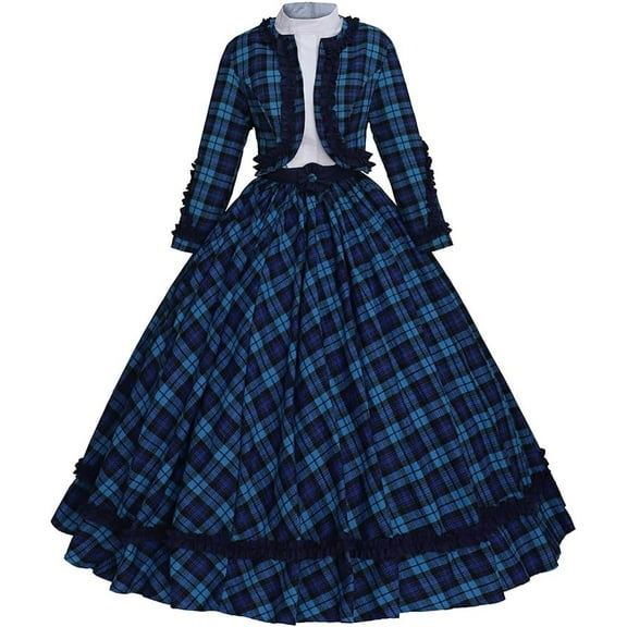 Women's Victorian Dickens Fair Dress Blue Plaid Civil War Ball Gown Southern Belle Costume Dress