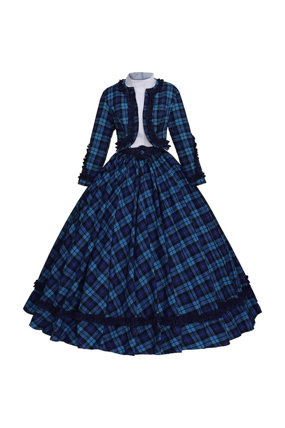 Women's Victorian Dickens Fair Dress Blue Plaid Civil War Ball Gown Southern Belle Costume