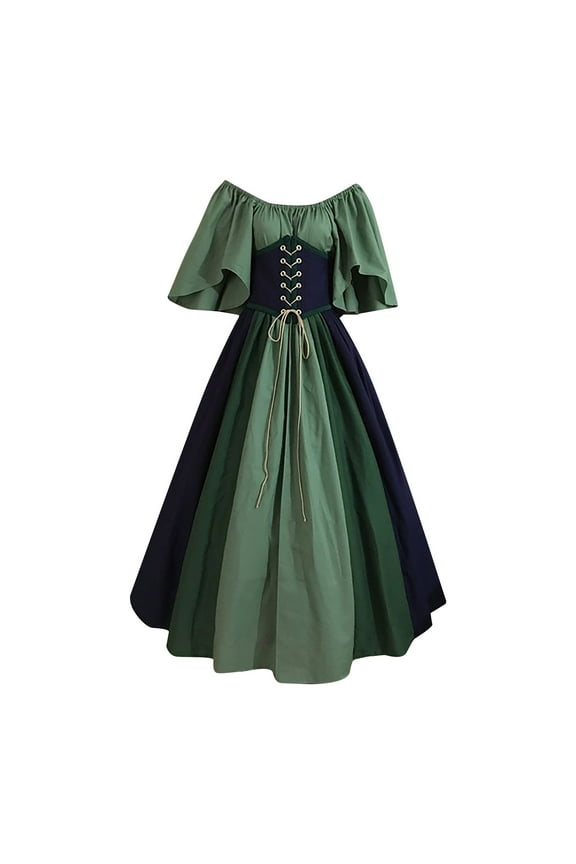 Women's Victorian Dress Flare Sleeve Off Shoulder Renaissance Medieval Vintage Dresses with Corset Patchwork Ball Gown