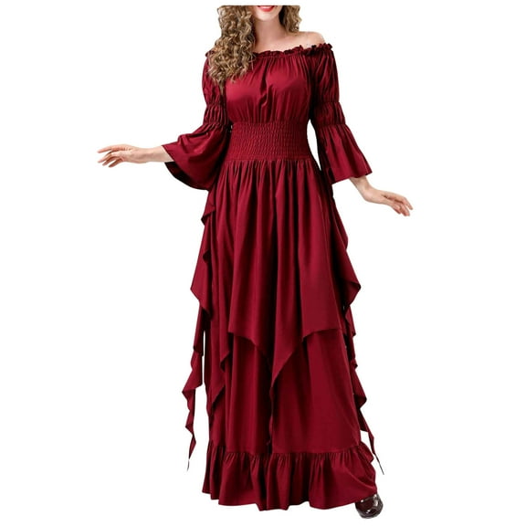 Women's Victorian Dress Puff Sleeve Off Shoulder Ruffle Empire Waist Medieval Costume for Women Renaissance Dress