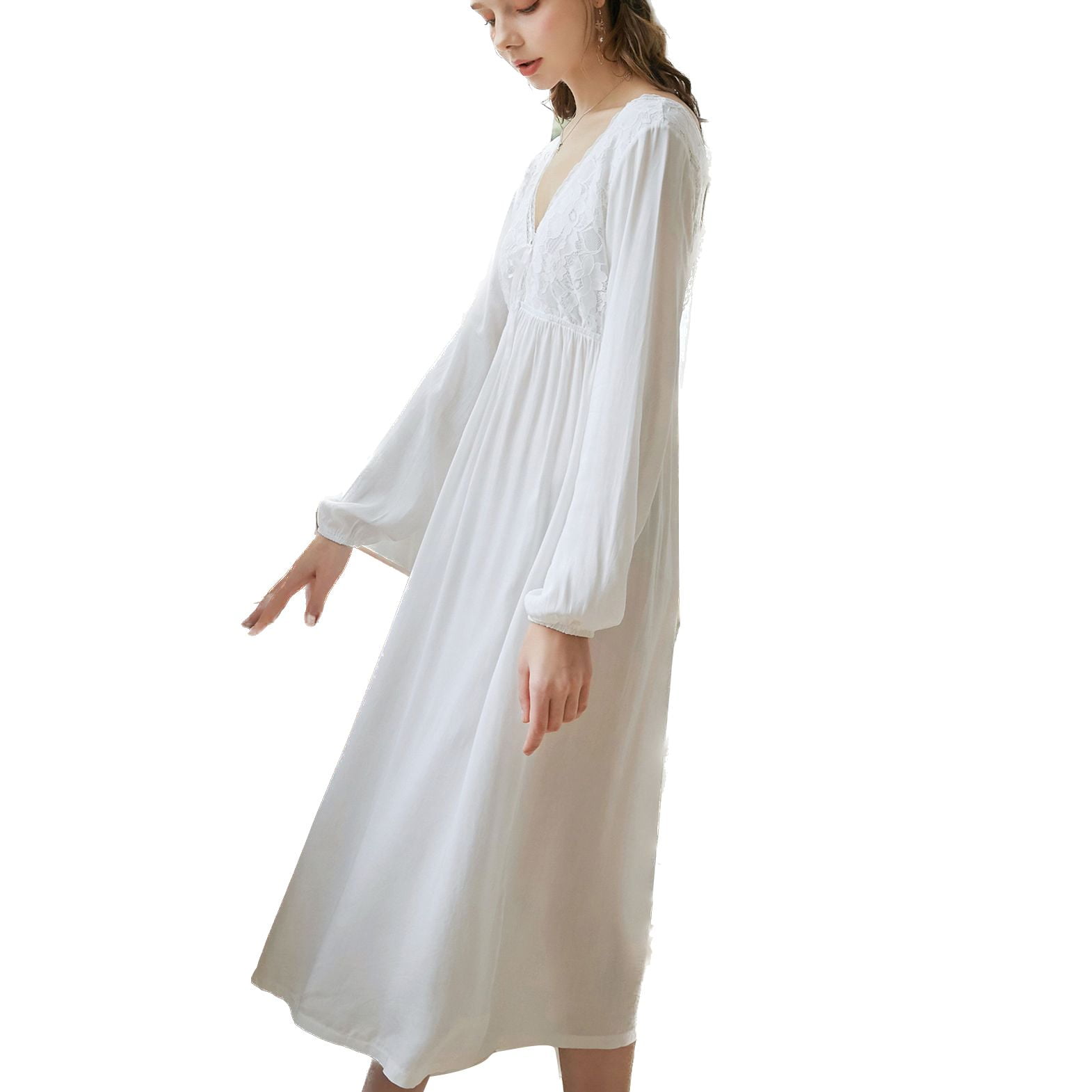 Victorian Nightgown White Old Lady Nightgown Vintage Style V Neck Night  Gown Dress