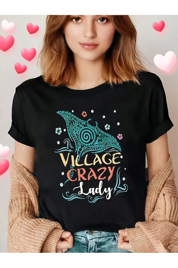 Women's Village Crazy Lady Graphic T-Shirt, Short Sleeve Casual Crewneck Tee, Black
