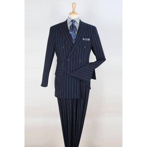 Women's Vinci Suits 1920s Navy Blue Pinstripe Double Breasted Suit Size 62 Long